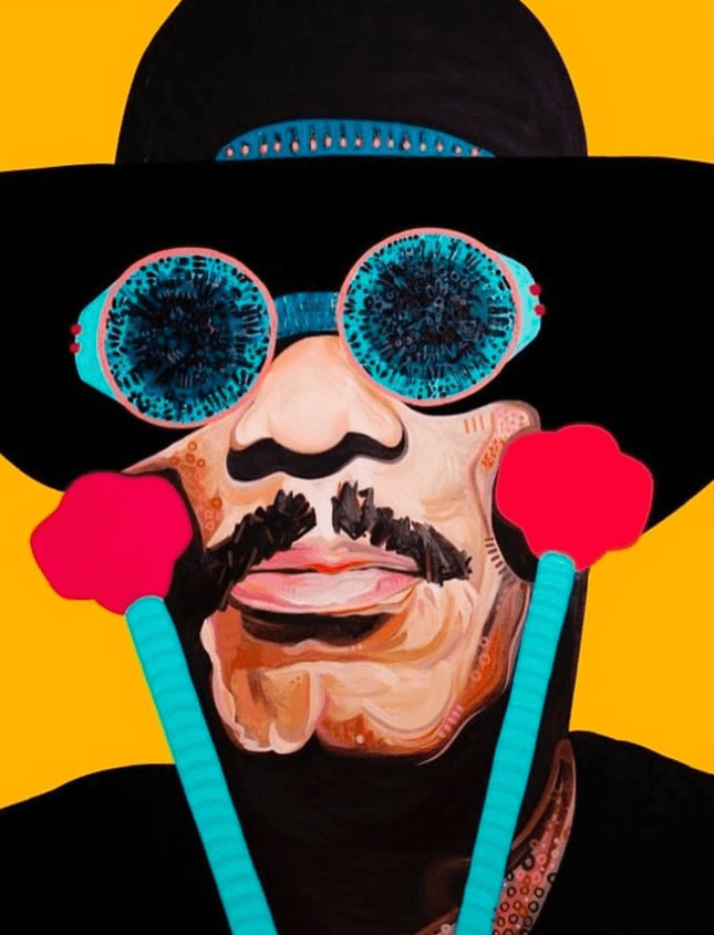 Vibrant pop art portrait with funky glasses and bold colors at The Bakery