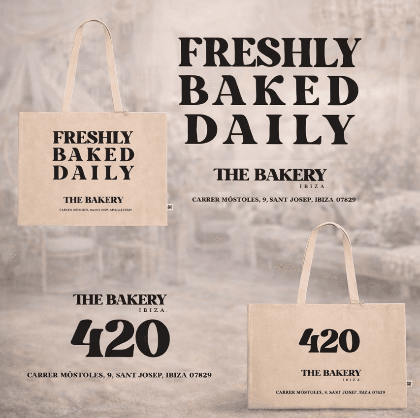 The Bakery Ibiza tote bags and branding with Freshly Baked Daily design